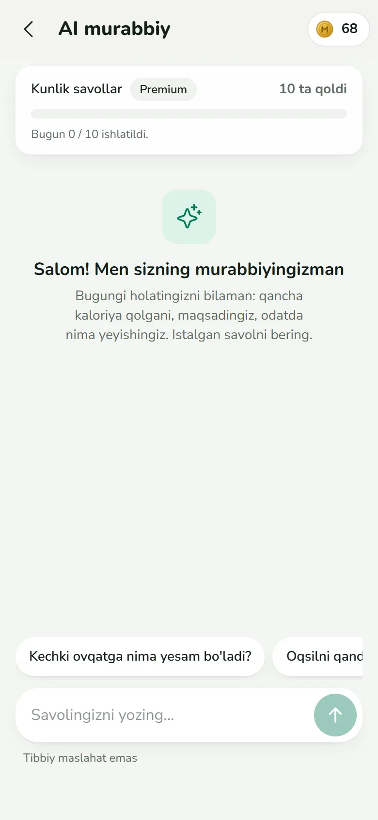 AI murabbiy ekrani: salom va tayyor savollar