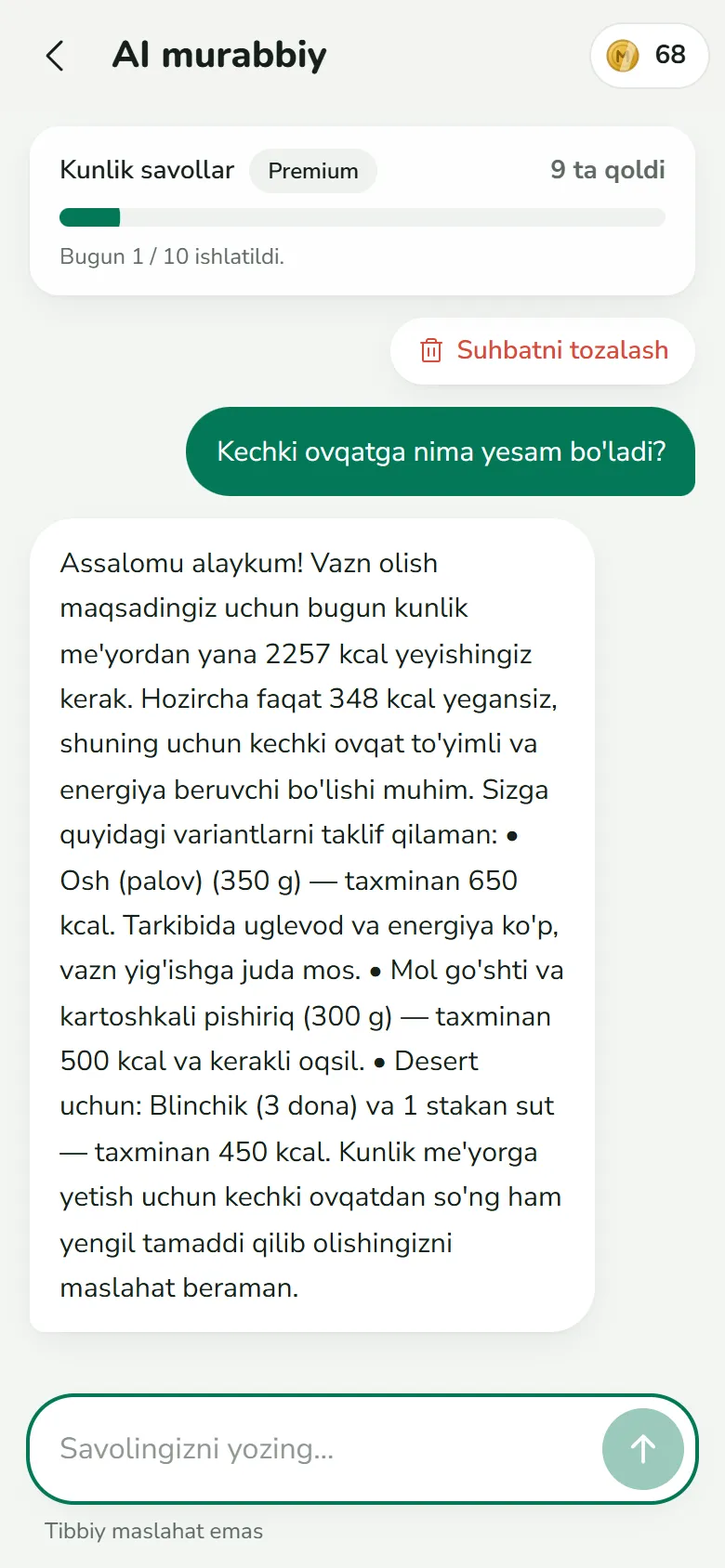 Murabbiy javobi: qolgan kaloriyaga qarab osh, go‘shtli pishiriq va desert taklifi