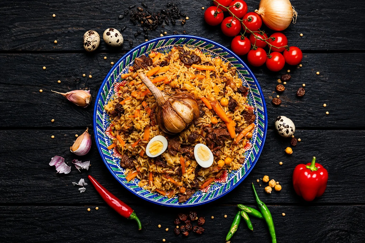 Tepadan olingan bir likopcha osh: guruch, sabzi, go‘sht, sarimsoq va bedana tuxumi