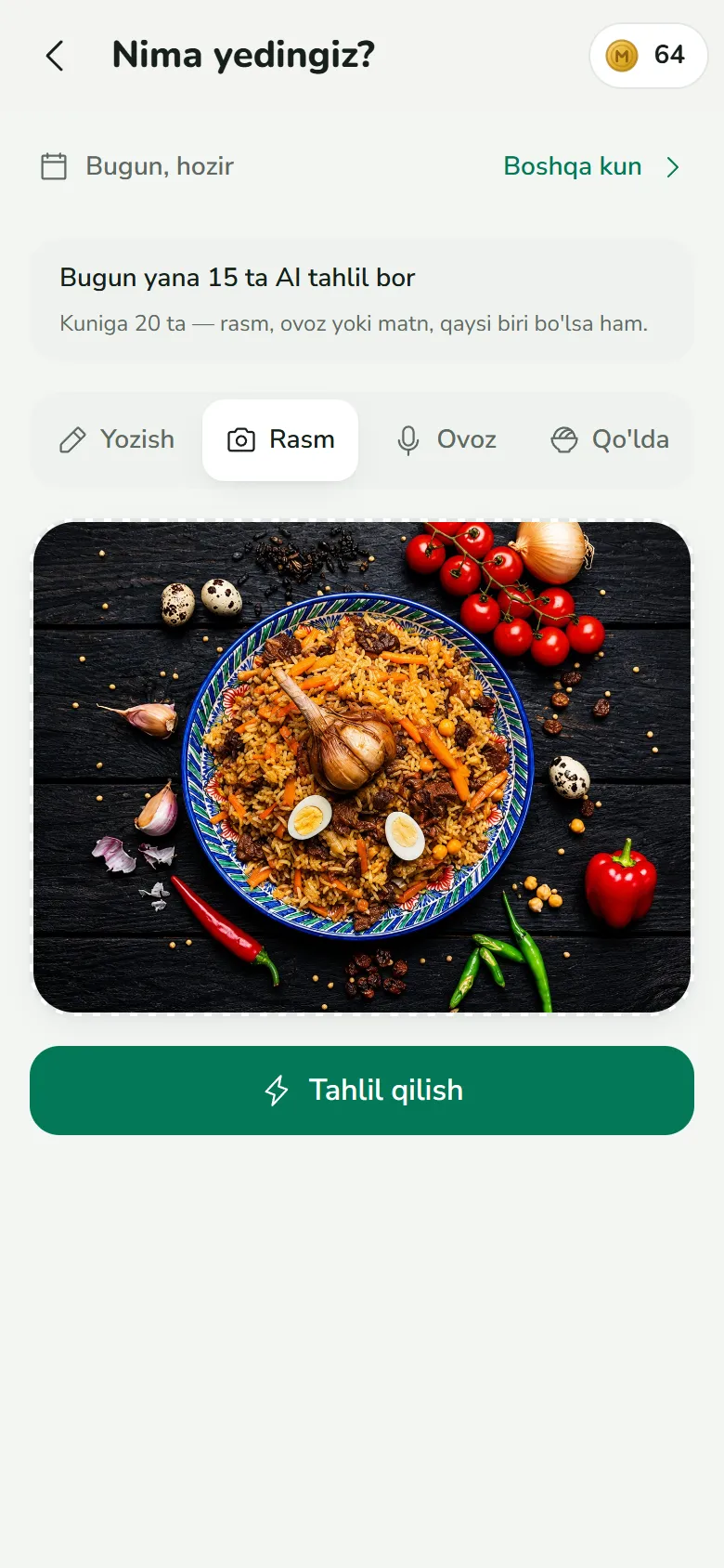 Osh surati tanlandi, «Tahlil qilish» tugmasi