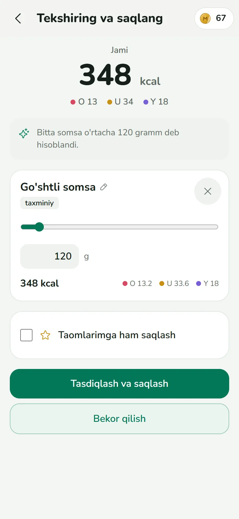Tekshiring va saqlang: go‘shtli somsa 120 g, 348 kcal
