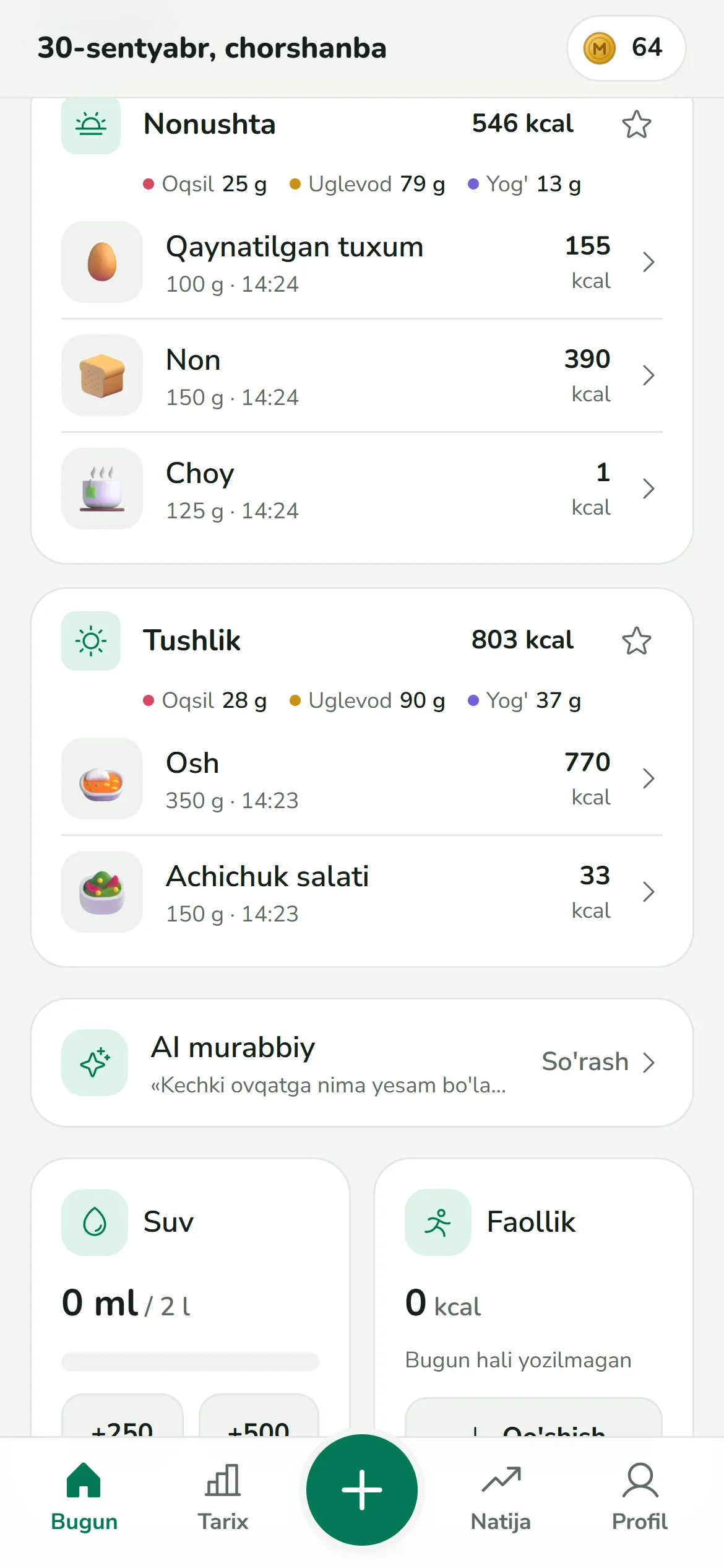 Ovqatlar nonushta va tushlik bo‘yicha guruhlangan: tuxum, non, choy, osh va achichuk