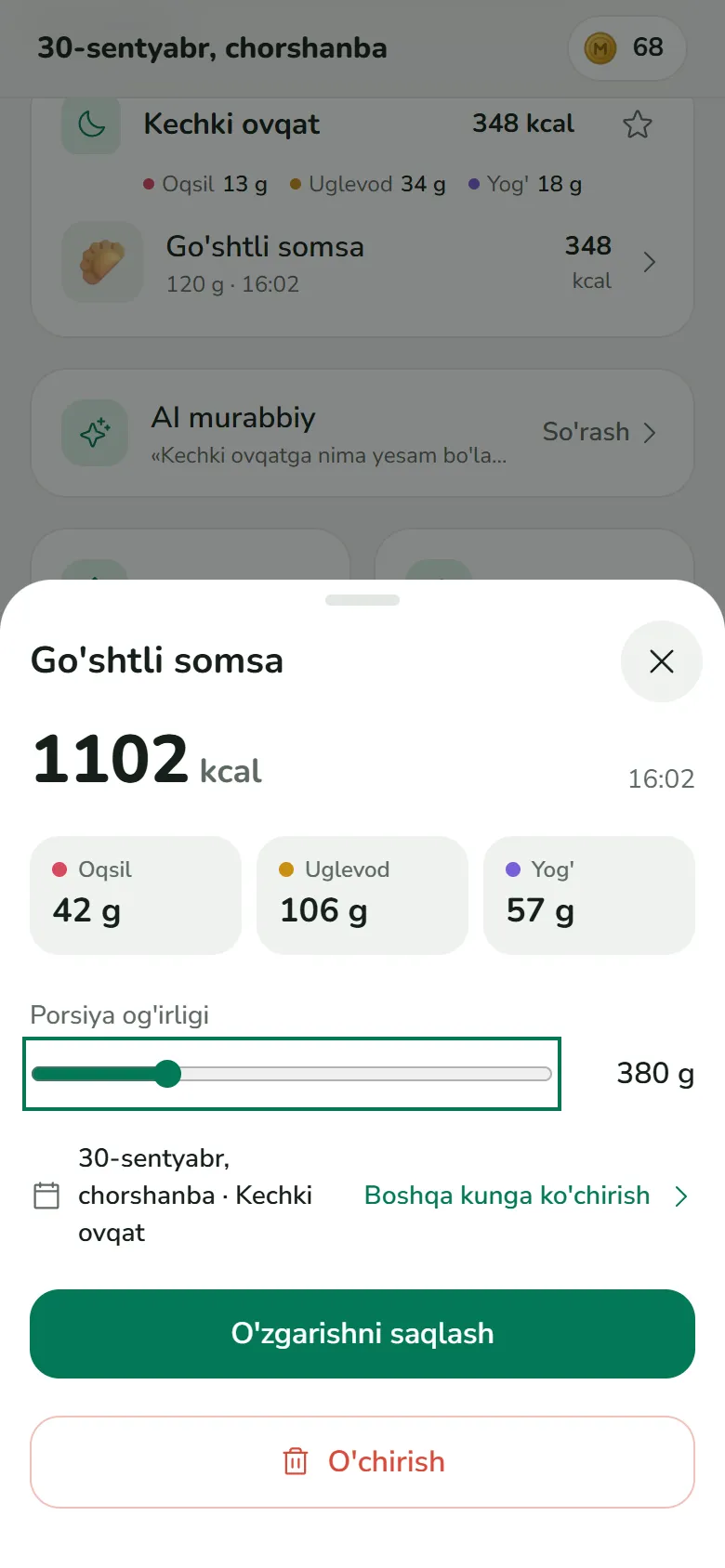 Slayder 380 g ga surildi: 1 102 kcal, oqsil 42 g, uglevod 106 g, yog‘ 57 g