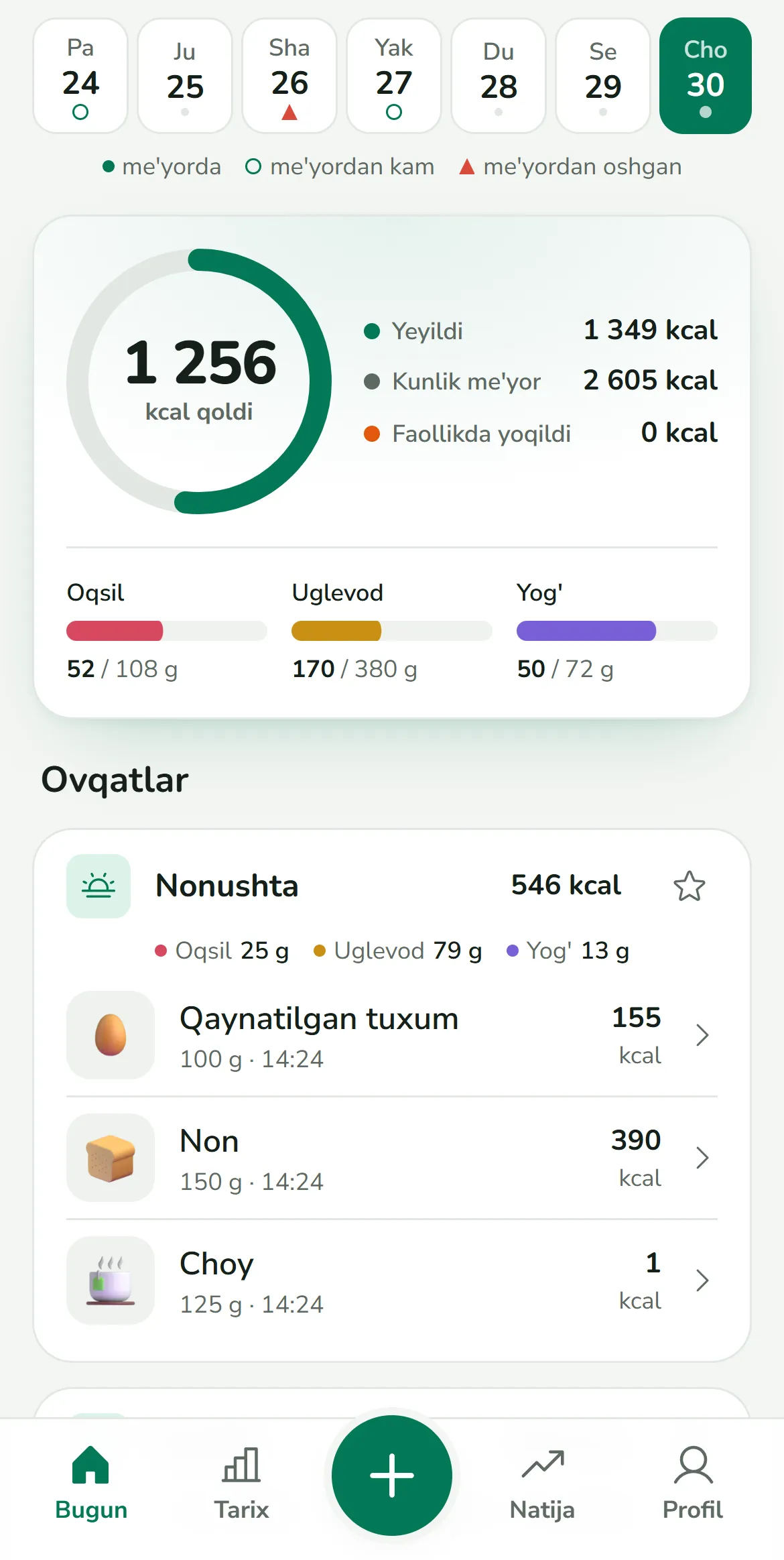 Luqmaa ilovasining «Bugun» ekrani: 1 256 kcal qoldi, oqsil, uglevod va yog‘ chiziqlari