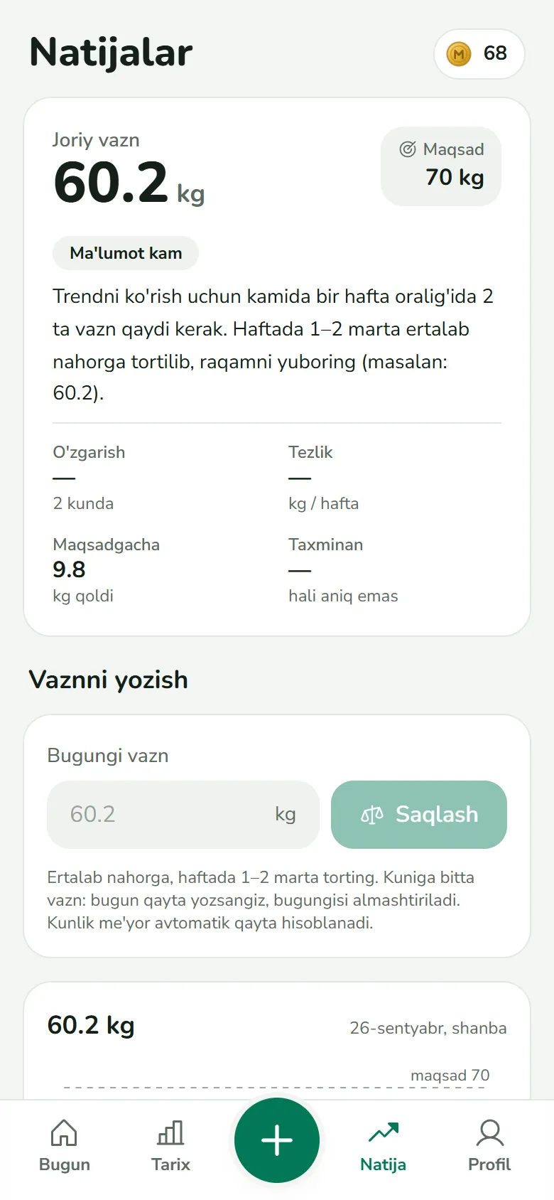 Natijalar: joriy vazn 60.2 kg, maqsad 70 kg